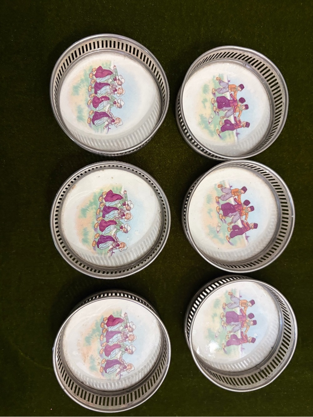 Antique Metal Alloy Coasters with Porcelain Inlay Liner set of 6